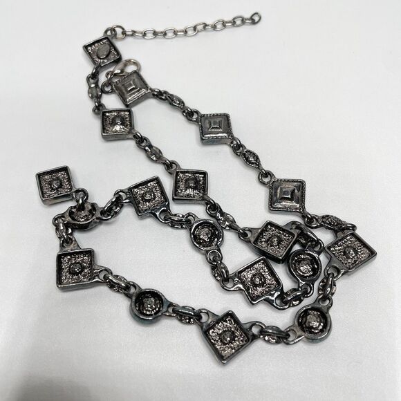 Premier Designs Gunmetal Tone Rhinestone Chain Link Necklace Boho Goth Unique - Picture 7 of 8